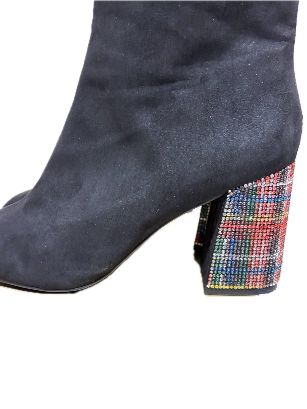 Betsy Johnson Black Suede Ankle Boots with Multicolor Embellished Heel Size 10 - Picture 3 of 6